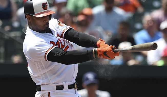 Baltimore Orioles&#x27; Adam Jones follows through on a single against the Tampa Bay Rays in the fourth inning of a baseball game, Sunday, July 29, 2018, in Baltimore. (AP Photo/Gail Burton) ** FILE **