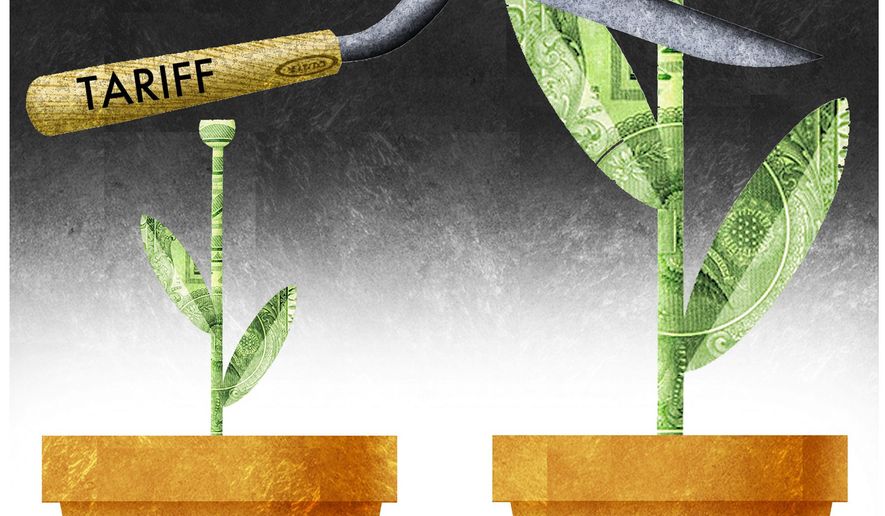 Illustration on economic growth and hazards to sustaining it by Alexander Hunter/The Washington Times