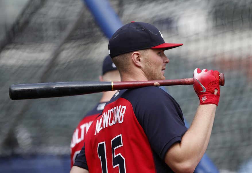 Atlanta Braves starting pitcher Sean Newcomb (15) is shown during batting practice before of a baseball game against the Miami Marlins Monday, July 30, 2018 in Atlanta. Newcomb apologized Sunday for racist, homophobic and sexist tweets he sent as a teenager, calling them "some stupid stuff.""I definitely regret it, for sure," he said. (AP Photo/John Bazemore)
