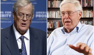 This combination of 2013 and 2012 file photos shows brothers David, left, and Charles Koch. In July 2018, an estimated 500 Koch donors _ each having committed at least $100,000 annually _ gathered in the mountains of Colorado for an invitation-only “seminar” that featured a handful of elected officials and high-profile influencers. The conservative network remains one of the nation’s most influential political forces. (Phelan M. Ebenhack, Bo Rader/The Wichita Eagle via AP)