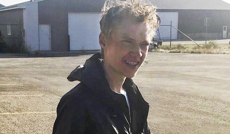 Garrett Hunter of Draper, Utah, talks to reporters Monday, July 30, 2018, at the Pinedale, Wyo., Airport after being rescued from the Bridger Wilderness the previous night. Hunter became lost on Saturday morning and spent nearly 37 hours alone, surviving in part on bugs and tree bark. (Sgt. Travis Bingham/Sublette County Sheriff's Office via AP)