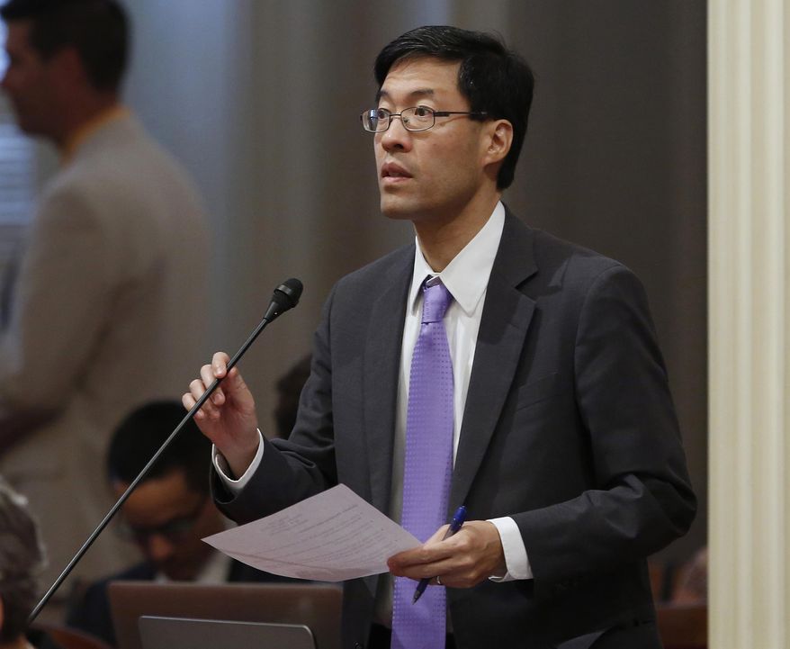 FILE - In this Thursday, May 26, 2016, file photo, state Sen. Richard Pan, D-Elk Grove, speaks to fellow lawmakers in Sacramento, Calif. Two California residents are suing Pan for blocking them from his social media accounts, alleging that barring them from his Twitter account violates their First Amendment free speech rights. (AP Photo/Rich Pedroncelli, File)