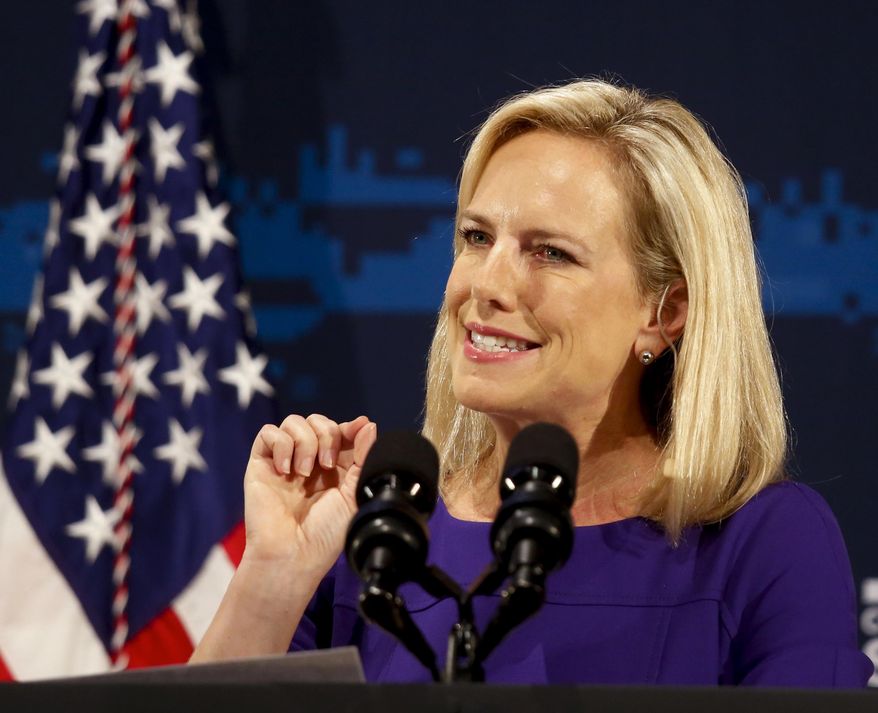 Secretary of Homeland Security Kirstjen Nielsen address the Department of Homeland Security (DHS) National Cybersecurity Summit, Tuesday, July 31, 2018, in New York. (AP Photo/Bebeto Matthews)