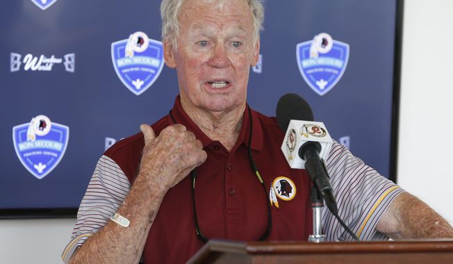 FILE - In this July 30, 2016, file photo, former Washington Redskins general manager Bobby Beathard speaks at a news conference at the Redskins NFL football training camp in Richmond, Va. Beathard loathed first-round draft picks and reveled in taking chances on players from out-of-the-way colleges. It was a formula that paid off with two victories in four trips to the Super Bowl as general manager of the Washington Redskins and San Diego Chargers, and earned him a spot in the Pro Football Hall of Fame. (AP Photo/Steve Helber, File)