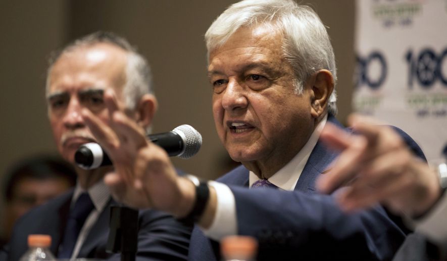 FILE - In this July 9, 2018 file photo, Mexico's President-elect Andres Manuel Lopez Obrador gives a press conference in Mexico City. Lopez Obrador said on Tuesday, July 31, 2018 that he plans to spend heavily in the public health system so Mexicans can enjoy European- quality free health care. (AP Photo/Moises Castillo, File)