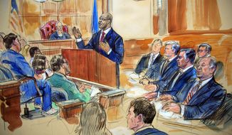 This courtroom sketch depicts Paul Manafort, seated right row second from right, together with his lawyers, the jury, seated left, and the U.S. District Court Judge T.S. Ellis III, back center, listening to Assistant U.S. Attorney Uzo Asonye, standing, during opening arguments in the trial of President Donald Trump&#39;s former campaign chairman Manafort&#39;s on tax evasion and bank fraud charges. (Dana Verkouteren via AP)