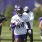 Minnesota Vikings wide receiver Stefon Diggs carries the ball during NFL football practice in Eagan, Minn., Saturday, July 28, 2018. (AP Photo/Jim Mone) **FILE**