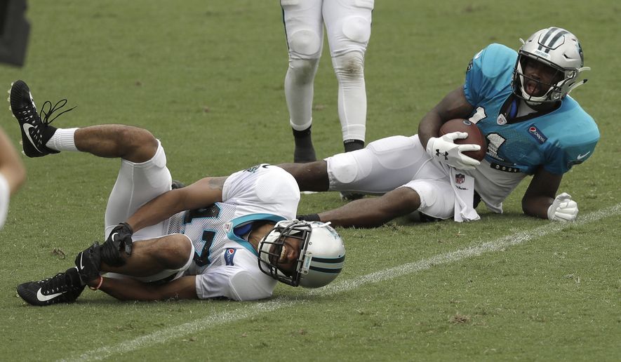 Carolina Panthers' Ross Cockrell, left, holds his leg in pain after being injured as Torrey Smith, right, looks on during an NFL football practice at the team's training camp in Spartanburg, S.C., Monday, July 30, 2018. (AP Photo/Chuck Burton)