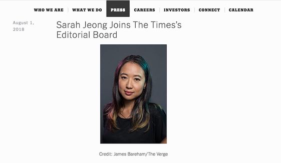 New York Times editorial board member Sarah Jeong is under fire shortly after her hiring for a sustained flow of anti-white racist tweets. (Image: New York Times screenshot)