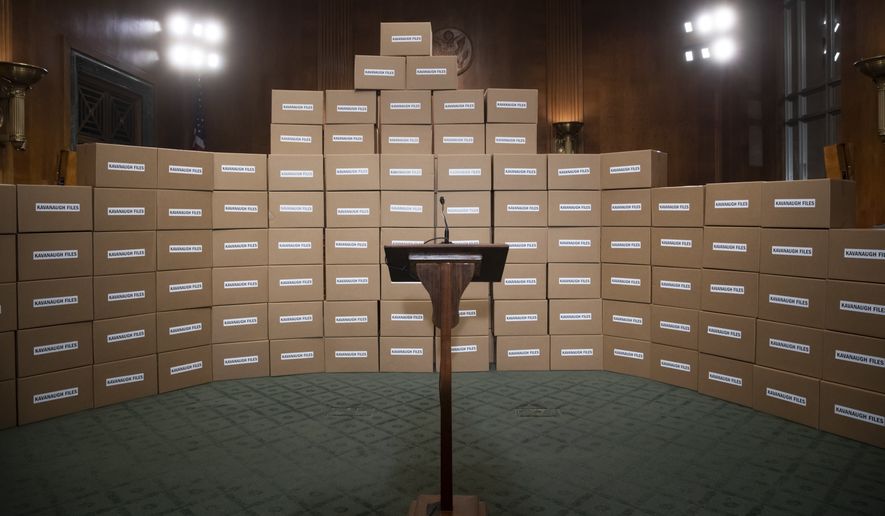 A wall of empty cardboard boxes labeled "Kavanaugh Files" was erected as a backdrop for a news conference by Republican members of the Senate Judiciary Committee last week. The boxes are supposed to represent the large number of documents Senate Democrats have requested to review Supreme Court nominee Brett M. Kavanaugh's record. (Associated Press/File)