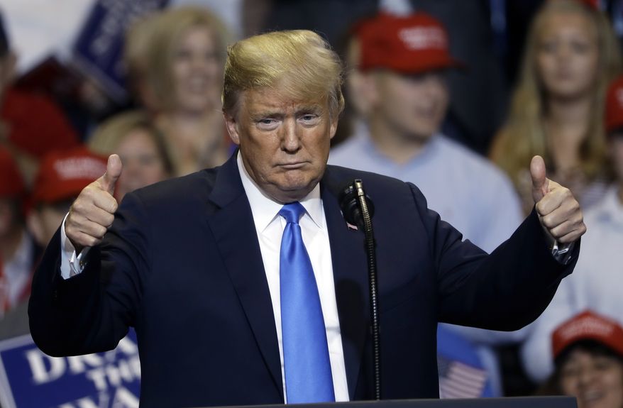 President Donald Trump speaks during a rally, Thursday, Aug. 2, 2018, in Wilkes-Barre, Pa. (AP Photo/Matt Rourke)