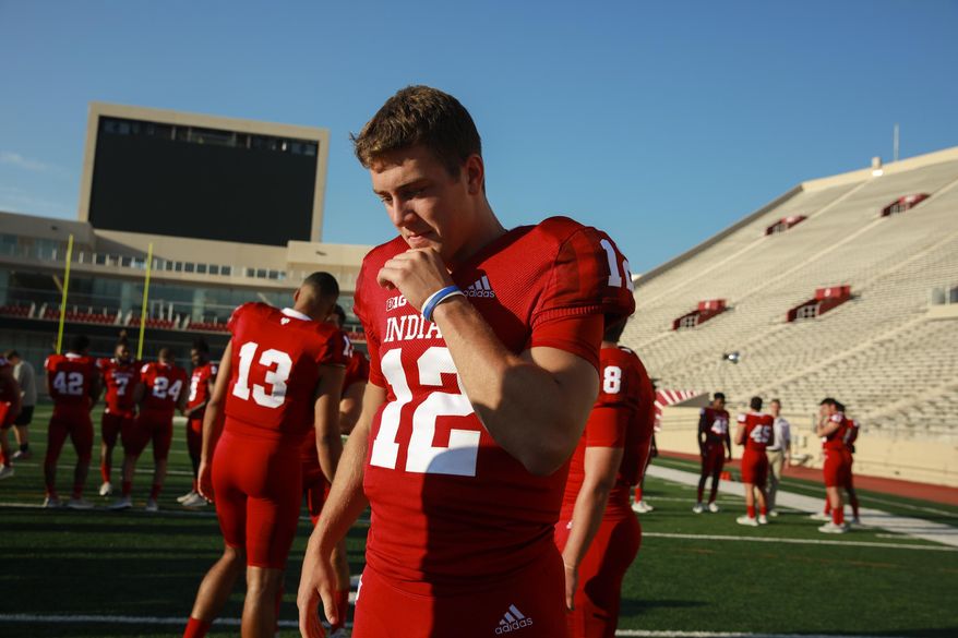 Indiana's Peyton Ramsey (12) waits during NCAA college football media day at Memorial Stadium, Thursday, Aug. 2, 2018 in Bloomington, Ind. (Jeremy Hogan/The Herald-Times via AP)