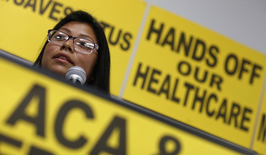 In this July 30, 2018, photo, Brenda Guigui speaks at a news conference in support of the Affordable Care Act in Las Vegas. Nevada Republican Sen. Dean Heller's sliding positions last year on a long-held GOP promise to repeal the Affordable Care Act is providing plenty of fodder for Democrats and activists hoping to stymie his re-election. (AP Photo/John Locher)