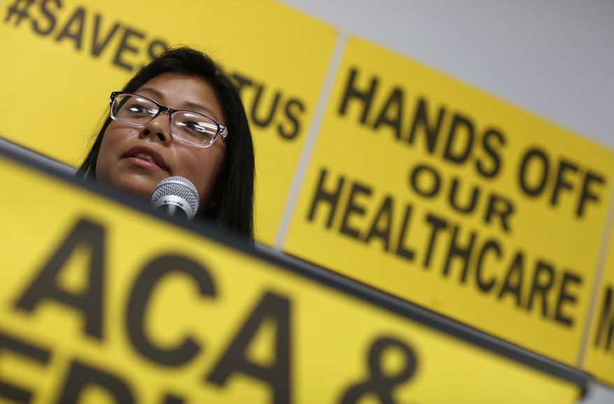 In this July 30, 2018, photo, Brenda Guigui speaks at a news conference in support of the Affordable Care Act in Las Vegas. Nevada Republican Sen. Dean Heller's sliding positions last year on a long-held GOP promise to repeal the Affordable Care Act is providing plenty of fodder for Democrats and activists hoping to stymie his re-election. (AP Photo/John Locher)