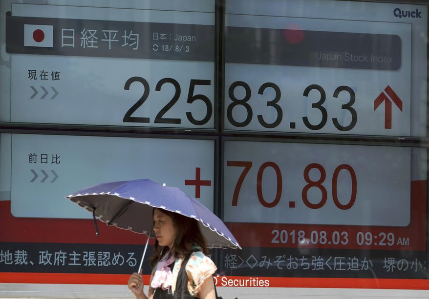 A woman walks past an electronic stock board showing Japan's Nikkei 225 index at a securities firm in Tokyo Friday, Aug. 3, 2018. Asian shares were flat Friday in mixed trading ahead of the U.S. jobs report later in the day. There appeared to be scant carry-over Friday from overnight gains on Wall Street as Apple reached $1 trillion in value. (AP Photo/Eugene Hoshiko)