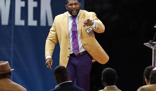 Former NFL player Ray Lewis delivers his speech during an induction ceremony at the Pro Football Hall of Fame, Saturday, Aug. 4, 2018, in Canton, Ohio. (AP Photo/Ron Schwane)