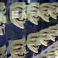 In this Monday, Feb. 12, 2018, file photo, Guy Fawkes masks, often associated with the hacker group Anonymous, are displayed in a section about hacking at SPYSCAPE in New York. (AP Photo/Seth Wenig) ** FILE **