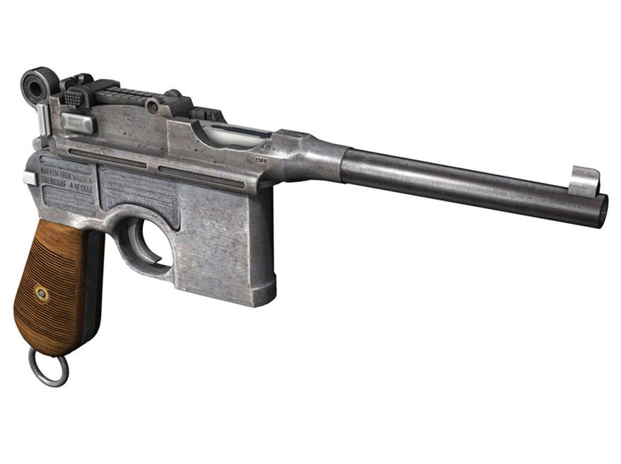 MAUSER C96 - a semi automatic pistol that was originally produced by German arms manufacturer Mauser from 1896 to 1937. Unlicensed copies of the gun were also manufactured in Spain and China in the first half of the 20th century. The distinctive characteristics of the C96 are the integral box magazine in front of the trigger, the long barrel, the wooden shoulder stock which gives it the stability of a short-barreled rifle and doubles as a holster or carrying case, and a unique grip shaped like the handle of a broom. The grip earned the gun the nickname &quot;broomhandle&quot; because of its round wooden handle, and in China the C96 was nicknamed the &quot;box cannon&quot; because of its rectangular internal magazine and the fact that it could be holstered in its wooden box-like detachable stock. With its long barrel and high-velocity cartridge, the Mauser C96 had superior range and better penetration than most other pistols of its era; the 7.63&amp;#215;25mm Mauser cartridge was the highest velocity commercially manufactured pistol cartridge until the advent of the .357 Magnum cartridge in 1935. Mauser manufactured approximately 1 million C96 pistols, while the number produced in Spain and China was large but unknown due to the non-existence or poor preservation of production records from those countries.