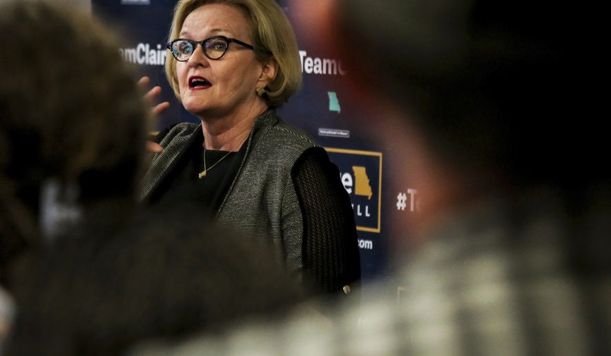 U.S. Sen. Claire McCaskill speaks to a group of supporters at her Columbia Democratic Party headquarters in Columbia, Mo., on Tuesday, Aug. 7, 2018. McCaskill’s hopes of winning a third term in Republican-dominated Missouri could depend both on convincing voters she’s sufficiently moderate and how voters feel about President Donald Trump, who is backing her presumptive Republican challenger. (Hunter Dyke/Columbia Daily Tribune via AP)