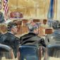 This courtroom sketch depicts Rick Gates, right, answering questions by prosecutor Greg Andres as he testifies in the trial of Paul Manafort, seated second from left, at the Alexandria Federal Courthouse in Alexandria, Va., Monday, Aug. 6, 2018. U.S. district Judge T.S. Ellis III presides as Manafort attorney&#39;s including Kevin Downing, left, Thomas Zehnle, third from left, listen. (Dana Verkouteren via AP)
