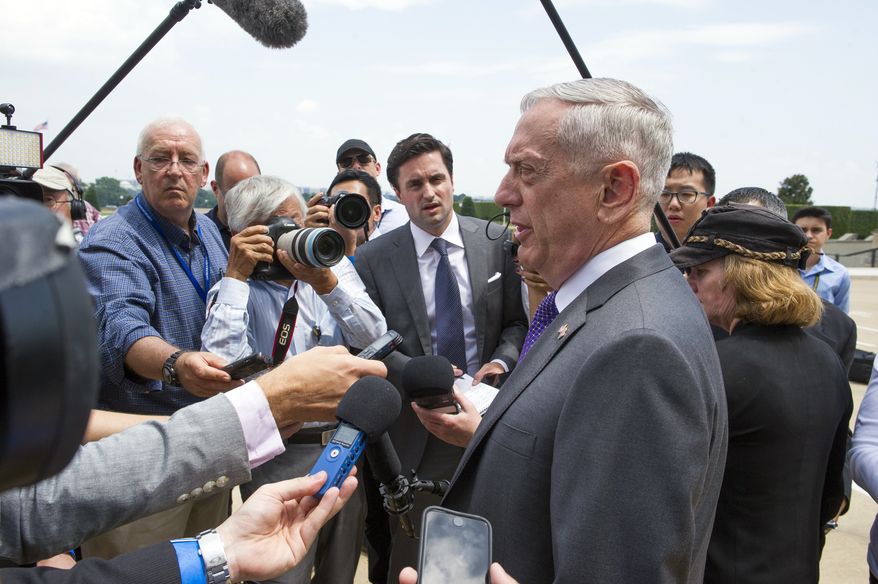 Secretary of Defense Jim Mattis speaks with reporters before welcoming UK Secretary of State for Defense Gavin Williamson to the Pentagon for meetings, Tuesday, Aug. 7, 2018. (AP Photo/Cliff Owen)