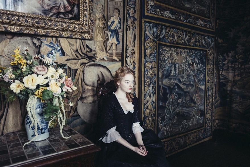 This image released by Fox Searchlight Pictures shows Emma Stone from the film "The Favourite," which will be featured on the opening night of the 56th New York Film Festival in New York. The festival runs from September 29 thru October 14. (Fox Searchlight Pictures via AP)
