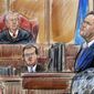 This courtroom sketch depicts Rick Gates on the witness stand as he is cross examined by defense lawyer Kevin Downing during the trial of former Donald Trump campaign chairman Paul Manafort on bank fraud and tax evasion at federal court in Alexandria, Va., Tuesday, Aug. 7, 2018. U.S. District court Judge T.S. Ellis III presides. (Dana Verkouteren via AP) ** FILE **