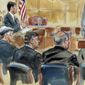 This courtroom sketch depicts Rick Gates, right, answering questions by prosecutor Greg Andres as he testifies in the trial of Paul Manafort, seated second from left, at the Alexandria Federal Courthouse in Alexandria, Va., Monday, Aug. 6, 2018. U.S. district Judge T.S. Ellis III presides as Manafort attorney&#39;s including Kevin Downing, left, Thomas Zehnle, third from left, listen. (Dana Verkouteren via AP)