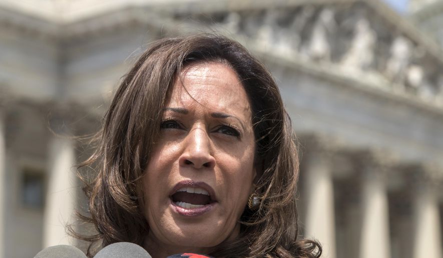 FILE - This May 23, 2018 file photo shows Sen. Kamala Harris, D-Calif., speaking in Washington. Harris has been the target of social media misinformation campaigns since she became a U.S. senator.Every month for the last 18 months, her office has discovered on average between three and five fake Facebook profiles pretending to be hers, according to a Harris aide. It's unclear who creates the pages, which are often designed to mislead American voters about the ambitious Democratic senator's policies and positions. (AP Photo/J. Scott Applewhite)