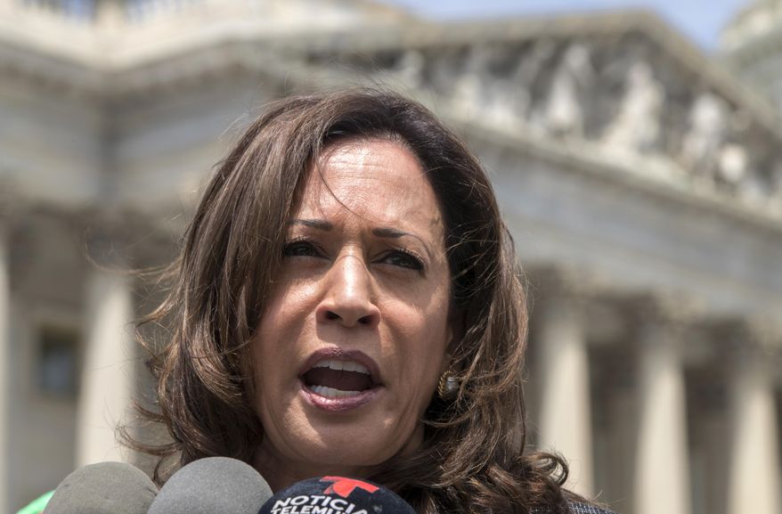 FILE - This May 23, 2018 file photo shows Sen. Kamala Harris, D-Calif., speaking in Washington. Harris has been the target of social media misinformation campaigns since she became a U.S. senator.Every month for the last 18 months, her office has discovered on average between three and five fake Facebook profiles pretending to be hers, according to a Harris aide. It's unclear who creates the pages, which are often designed to mislead American voters about the ambitious Democratic senator's policies and positions. (AP Photo/J. Scott Applewhite)