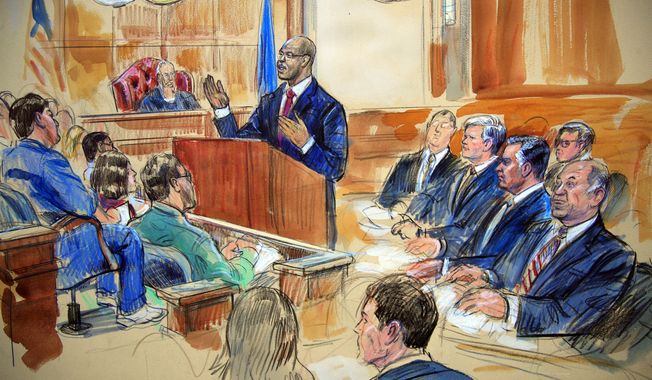This courtroom sketch depicts Paul Manafort, seated right row second from right, together with his lawyers, the jury, seated left, and the U.S. District Court Judge T.S. Ellis III, back center, listening to Assistant U.S. Attorney Uzo Asonye, standing, during opening arguments in the trial of President Donald Trump&#x27;s former campaign chairman Manafort&#x27;s on tax evasion and bank fraud charges. (Dana Verkouteren via AP)