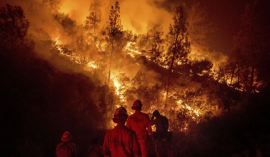Firefighters monitor a backfire while battling the Ranch Fire, part of the Mendocino Complex Fire, on Tuesday, Aug. 7, 2018, near Ladoga, Calif. (AP Photo/Noah Berger)
