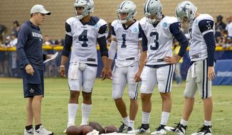 FILE - In this Saturday, July 28, 2018, file photo, Dallas Cowboys quarterback coach Kellen Moore, left talks to quarterbacks Dak Prescott (4), Dalton Sturm (1), Mike White (3) and Cooper Rush, far right, during NFL football training camp in Oxnard, Calif. In one year, Moore has gone from sitting next to Dak Prescott in meetings to running them as the new quarterbacks coach of the Cowboys. (AP Photo/Gus Ruelas, File)