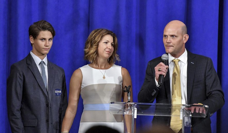 Scott Schwab, who won the republican primary for Secretary of State, addresses a watch party gathering during Tuesday's election night gathering on Aug. 7, 2018 at the DoubleTree Hotel in Overland Park, Kan. (John Sleezer/The Kansas City Star via AP)