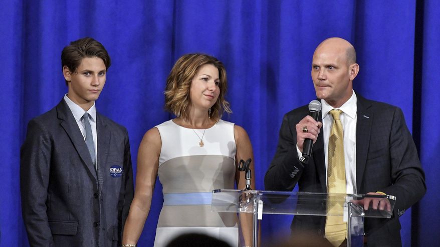 Scott Schwab, who won the republican primary for Secretary of State, addresses a watch party gathering during Tuesday's election night gathering on Aug. 7, 2018 at the DoubleTree Hotel in Overland Park, Kan. (John Sleezer/The Kansas City Star via AP)
