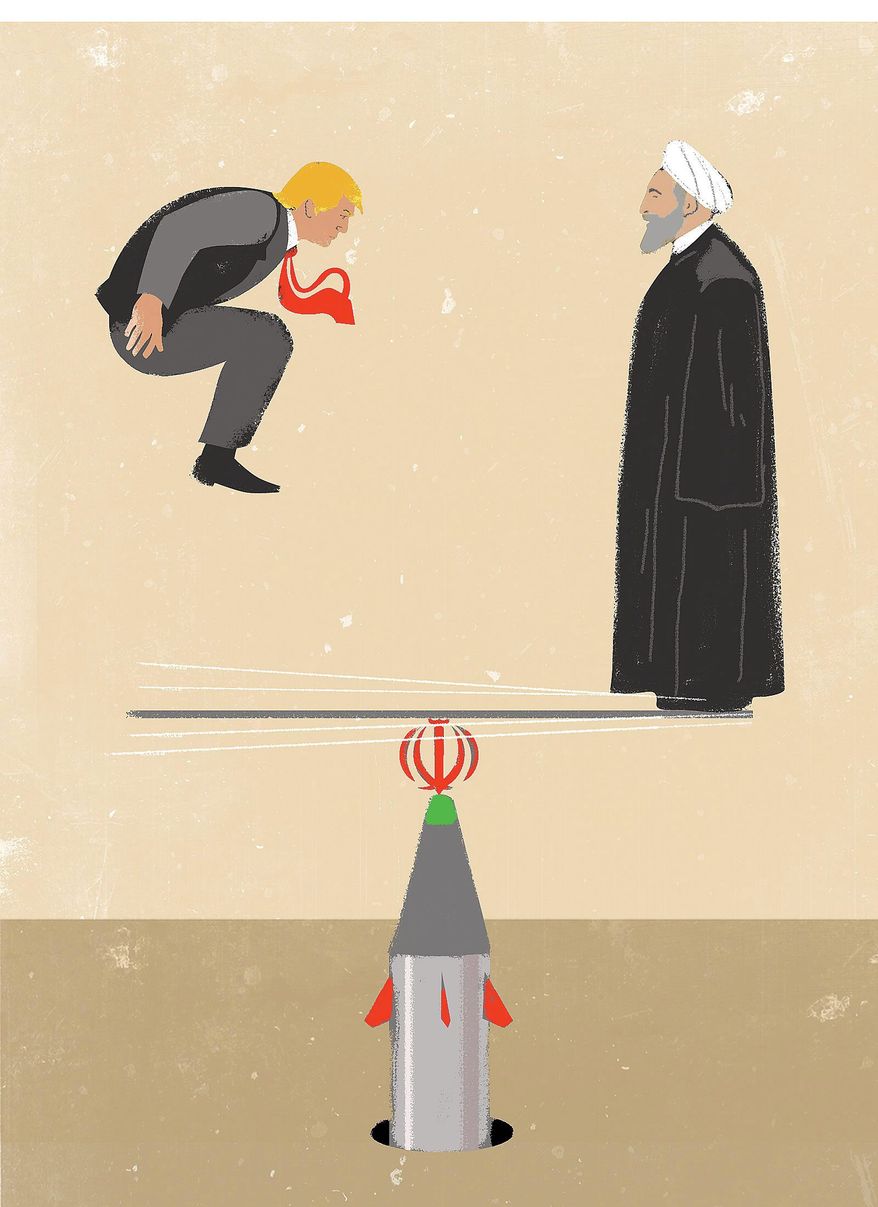 Illustration on Trump and iran by Linas Garsys/The Washington Times