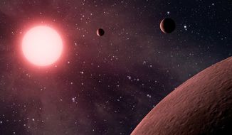 This artist rendering provided by NASA/JPL-Caltech shows some of the 219 new planet candidates, 10 of which are near-Earth size and in the habitable zone of their star identified by NASA’s Kepler space telescope. NASA says its planet-hunting telescope has found 10 new planets outside our solar system that are likely the right size and temperature to potentially have life on them. As the Kepler telescope finished its main mission, NASA announced Monday that it has seen a total of 49 planets in the “Goldilocks Zone” for possible life. And they only looked in a tiny part of the galaxy. (NASA/JPL-Caltech via AP) ** FILE **