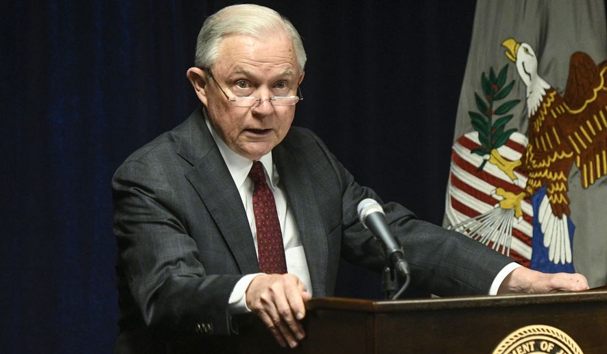 Attorney General Jeff Sessions is pictured delivering remarks on efforts to combat violent crime in America during an appearance at the United States Attorney&#39;s Office for the Middle District of Georgia on Thursday, Aug. 9, 2018, in Macon, Ga. (AP Photo/John Amis) ** FILE **