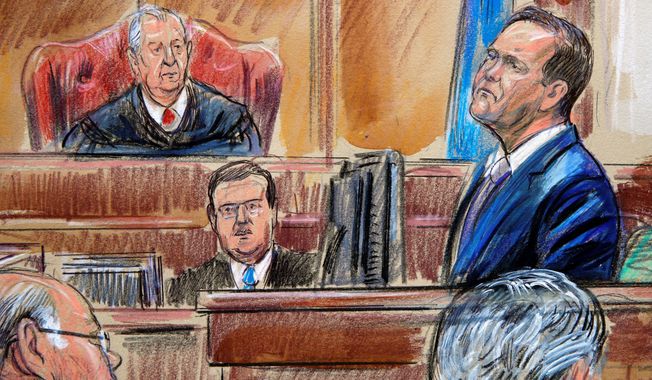 This courtroom sketch depicts Rick Gates on the witness stand as he is cross examined by defense lawyer Kevin Downing during the trial of former Donald Trump campaign chairman Paul Manafort on bank fraud and tax evasion at federal court in Alexandria, Va., Tuesday, Aug. 7, 2018. U.S. District court Judge T.S. Ellis III presides. (Dana Verkouteren via AP)