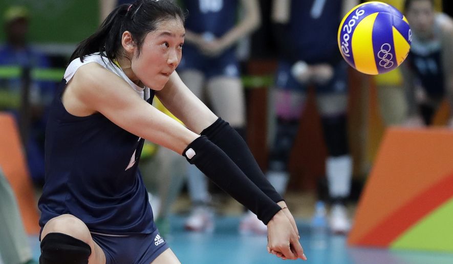 FILE - In this Aug. 18, 2016, file photo China&#39;s Zhu Ting controls the ball during a women&#39;s semifinal volleyball match against the Netherlands at the 2016 Summer Olympics in Rio de Janeiro, Brazil. A towering volleyball player who makes her living in Turkey is the unrivalled star of China&#39;s squad at the Asian Games in Indonesia. (AP Photo/Jeff Roberson, File)