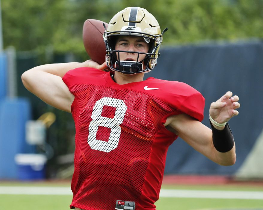 Pittsburgh quarterback Kenny Pickett (8) passes during a drill at NCAA college football practice, Thursday, Aug. 9, 2018, in Pittsburgh. Pickett needed just one memorable upset over Miami to give Pittsburgh some buzz heading into 2018 even after an uneven 5-7 season. Now comes the hard part for the sophomore quarterback: living up to the hype.(AP Photo/Keith Srakocic)