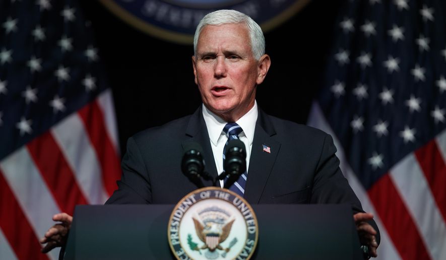 Vice President Mike Pence speaks during an event on the creation of a United States Space Force, Thursday, Aug. 9, 2018, at the Pentagon. Pence says the time has come to establish a new United States Space Force to ensure America's dominance in space amid heightened completion and threats from China and Russia. (AP Photo/Evan Vucci) **FILE**