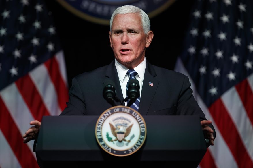 Vice President Mike Pence speaks during an event on the creation of a United States Space Force, Thursday, Aug. 9, 2018, at the Pentagon. Pence says the time has come to establish a new United States Space Force to ensure America's dominance in space amid heightened completion and threats from China and Russia. (AP Photo/Evan Vucci) **FILE**
