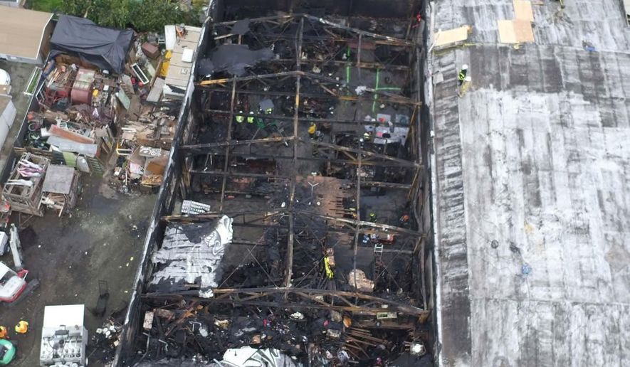 FILE - This undated file photo provided by the City of Oakland shows inside the burned warehouse after the deadly fire that broke out on Dec. 2, 2016, in Oakland, Calif. Two men who pleaded no contest to 36 charges of involuntary manslaughter will face the family members of those who died in a fire at an illegally converted Northern California warehouse. A two-day sentencing hearing for Derick Almena and Max Harris is scheduled to begin Thursday, Aug. 9, 2018, in Oakland. (City of Oakland via AP, File)