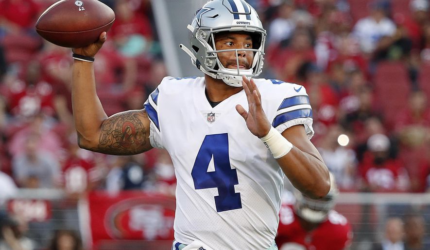 Dallas Cowboys quarterback Dak Prescott throws a pass against the San Francisco 49ers during the first half of an NFL preseason football game in Santa Clara, Calif., Thursday, Aug. 9, 2018. (AP Photo/Tony Avelar)