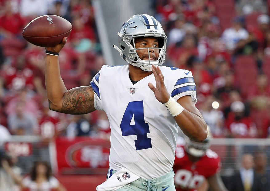Dallas Cowboys quarterback Dak Prescott throws a pass against the San Francisco 49ers during the first half of an NFL preseason football game in Santa Clara, Calif., Thursday, Aug. 9, 2018. (AP Photo/Tony Avelar)