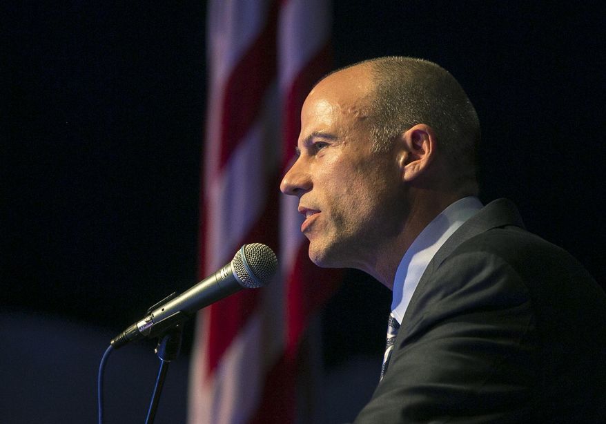Michael Avenatti speaks at the Iowa Democratic Wing Ding at the Surf Ballroom in Clear Lake, Iowa, Friday, Aug. 10, 2018. Avenatti, the self-styled provocateur taking on the president on behalf of porn actress Stormy Daniels, has a message for Iowa Democrats: His foray into presidential politics is no stunt. (Chris Zoeller/Globe-Gazette via AP)