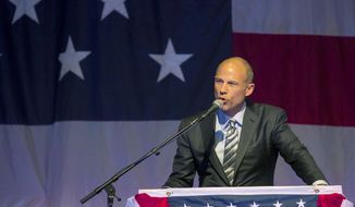 Michael Avenatti speaks at the Iowa Democratic Wing Ding at the Surf Ballroom in Clear Lake, Iowa, Friday, Aug. 10, 2018. Avenatti, the self-styled provocateur taking on the president on behalf of porn actress Stormy Daniels, has a message for Iowa Democrats: His foray into presidential politics is no stunt. (Chris Zoeller/Globe-Gazette via AP)