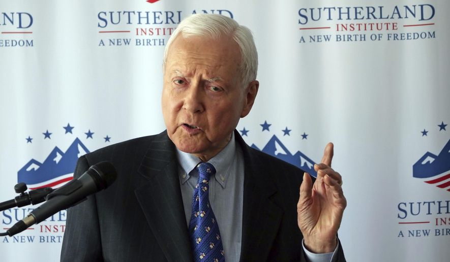 U.S. Sen. Orrin Hatch discusses Supreme Court nominee Brett Kavanaugh during a speech hosted by the Sutherland Institute, Thursday, Aug. 9, 2018, in Salt Lake City. (AP Photo/Rick Bowmer)