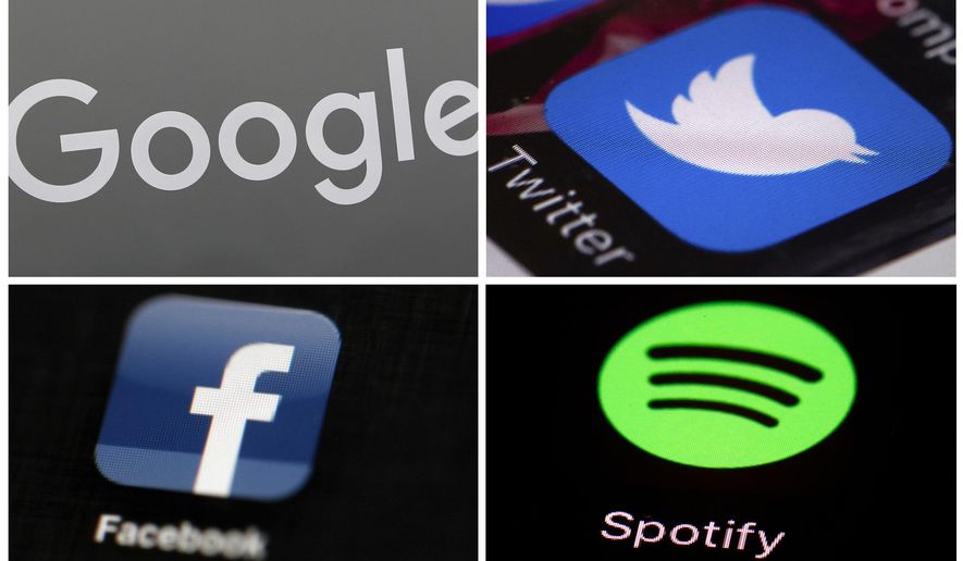 This photo combo of images shows, clockwise, from upper left: a Google sign, and apps for Twitter, Spotify and Facebook. YouTube, Facebook, Twitter, Spotify and other sites are finding themselves in a role they never wanted, as gatekeepers of discourse on their platforms,  deciding what should and shouldn&#39;t be allowed and often angering almost everyone in the process. (AP Photo)